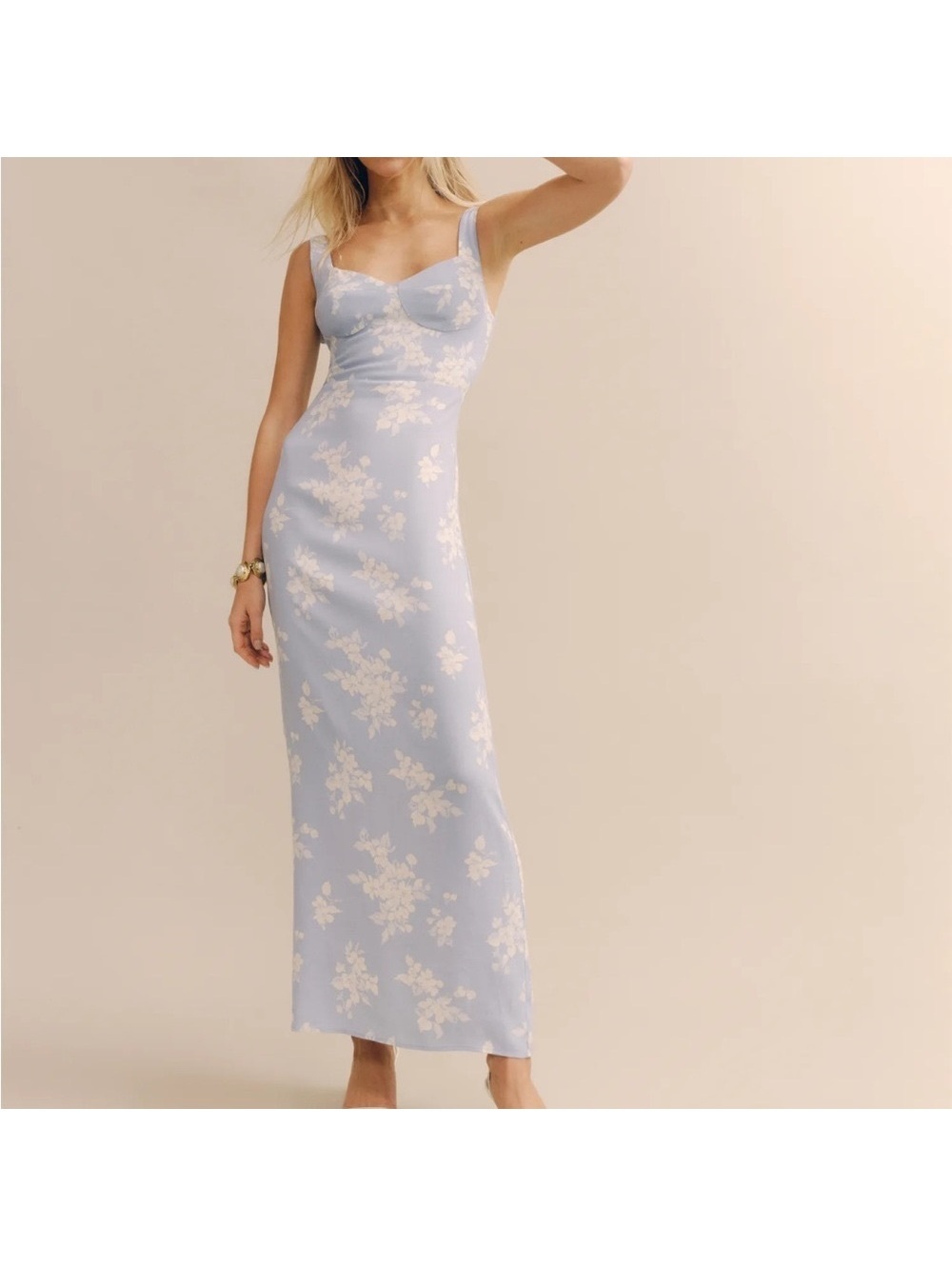 Reformation Reverie Dress Bijou Blue Floral Maxi Sweetheart Neck Size 2